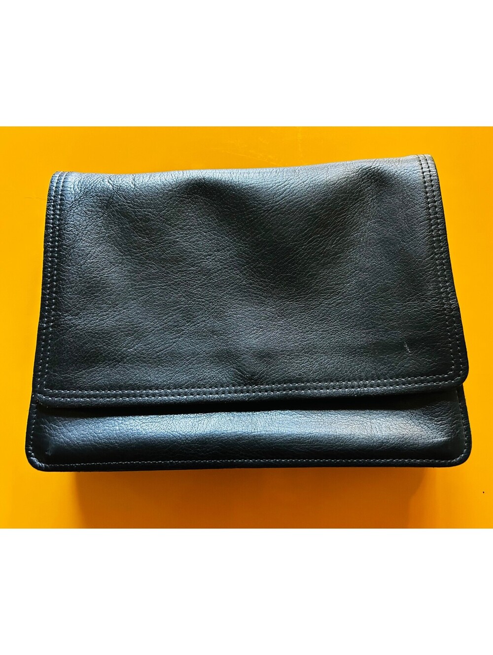 Vintage Black Genuine Leather Clutch Bag Flap Magnetic Snap Zipper Pouch 11x9